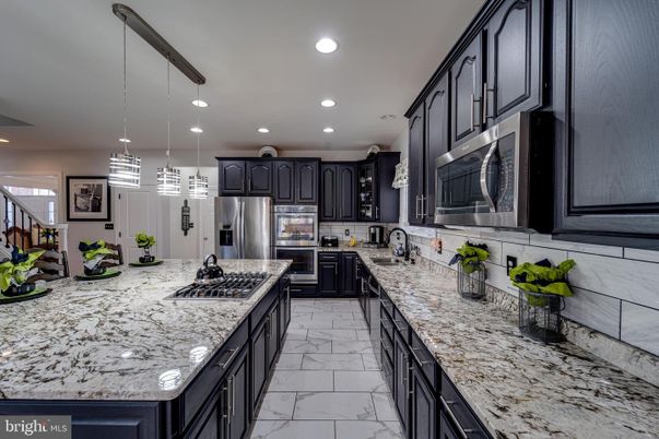 Interior, Kitchen, Marble, Pendant Lights, Recessed Lighting, Stainless Steel Appliances