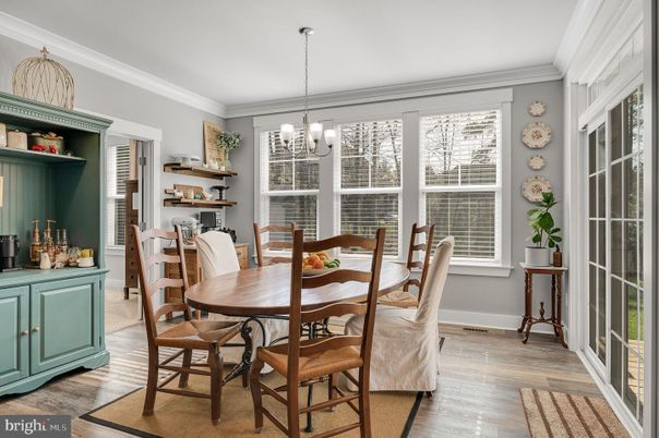 Chandelier, Dining room, Interior, Pendant Lights, Wood Texture Flooring