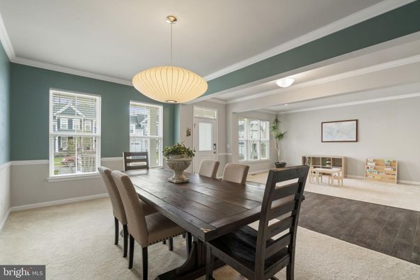 Dining room, Interior, Pendant Lights, Wood Texture Flooring