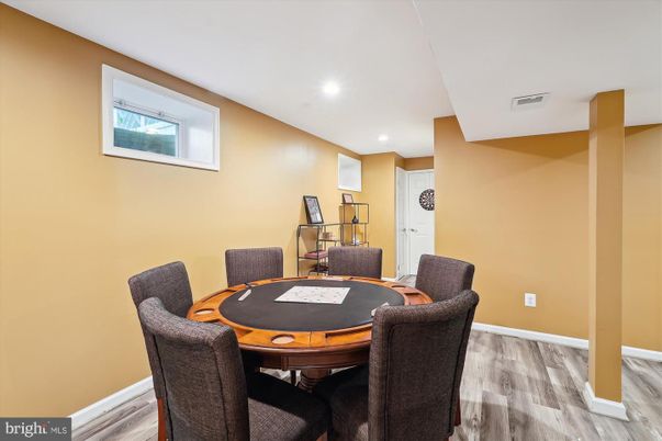 Dining room, Game Room, Interior, Recessed Lighting, Wood Texture Flooring