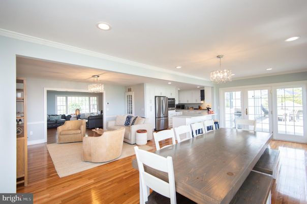 Chandelier, Dining room, Interior, Kitchen, Living room, Recessed Lighting, Stainless Steel Appliances, Wood Texture Flooring