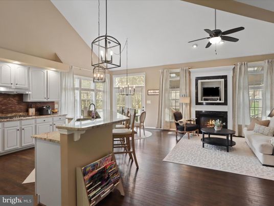 Dining room, Fireplace, Interior, Kitchen, Living room, Pendant Lights, Recessed Lighting, Wood Texture Flooring