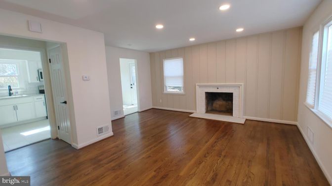 Empty room, Fireplace, Interior, Recessed Lighting, Wood Texture Flooring
