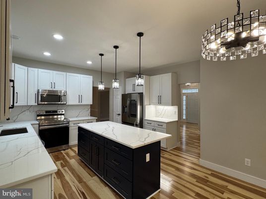Interior, Kitchen, Pendant Lights, Recessed Lighting, Stainless Steel Appliances, Wood Texture Flooring