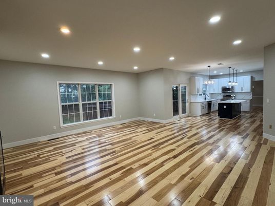 Empty room, Interior, Kitchen, Pendant Lights, Recessed Lighting, Stainless Steel Appliances, Wood Texture Flooring