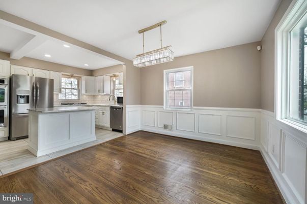 Chandelier, Interior, Kitchen, Pendant Lights, Recessed Lighting, Stainless Steel Appliances, Wood Texture Flooring