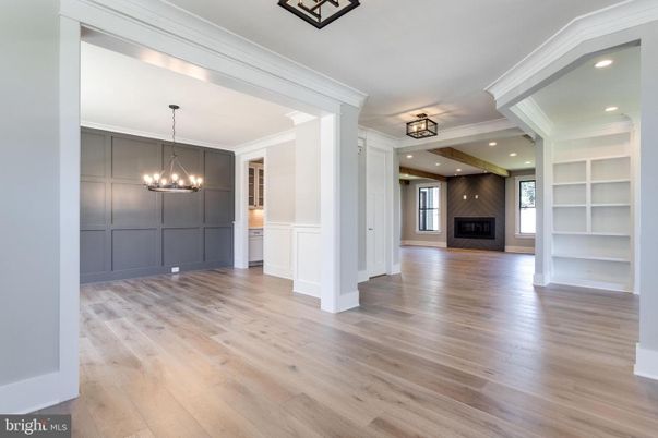 Empty room, Fireplace, Interior, Pendant Lights, Recessed Lighting, Wood Texture Flooring
