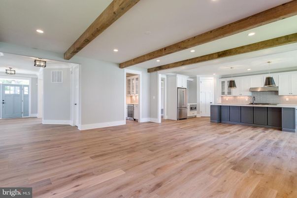 Interior, Kitchen, Pendant Lights, Recessed Lighting, Stainless Steel Appliances, Wooden Beams, Wood Texture Flooring