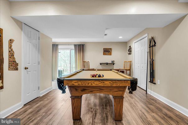 Billiard Table, Game Room, Interior, Recessed Lighting, Wood Texture Flooring