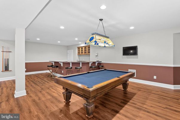 Billiard Table, Game Room, Interior, Pendant Lights, Recessed Lighting, Wood Texture Flooring
