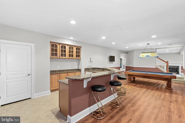Billiard Table, Game Room, Interior, Pendant Lights, Recessed Lighting, Wood Texture Flooring