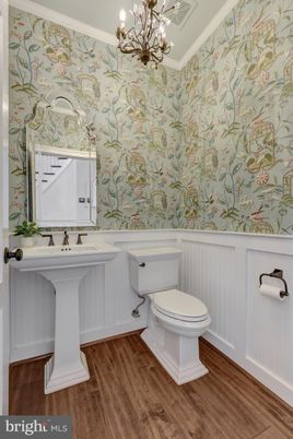 Bathroom, Chandelier, Interior, Wood Texture Flooring