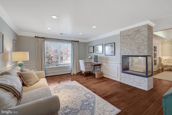 Fireplace, Home Office, Interior, Recessed Lighting, Stone Walls, Wood Texture Flooring