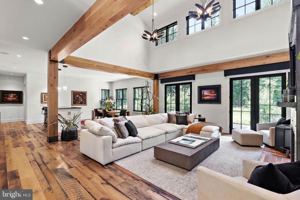 Dining room, Fireplace, Interior, Living room, Pendant Lights, Recessed Lighting, Wooden Beams, Wood Texture Flooring