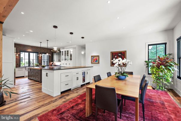 Dining room, Interior, Kitchen, Pendant Lights, Recessed Lighting, Wood Texture Flooring