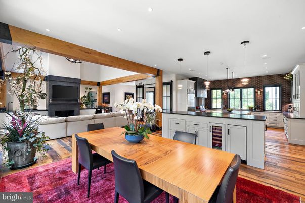 Dining room, Fireplace, Interior, Kitchen, Living room, Pendant Lights, Recessed Lighting, Wooden Beams, Wood Texture Flooring