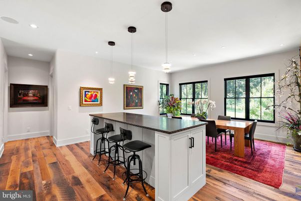 Dining room, Interior, Pendant Lights, Recessed Lighting, Wood Texture Flooring