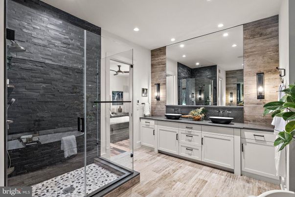 Bathroom, Dual Sink Vanities, Glass Shower, Interior, Recessed Lighting, Wood Texture Flooring