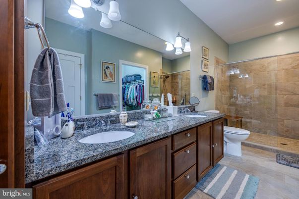 Bathroom, Dual Sink Vanities, Glass Shower, Interior, Recessed Lighting, Wood Texture Flooring
