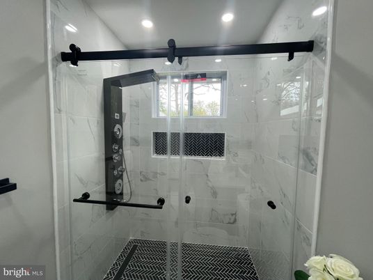Bathroom, Glass Shower, Interior, Marble Walls, Recessed Lighting