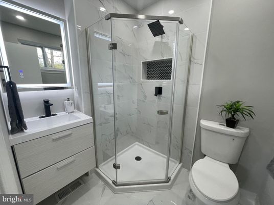 Bathroom, Glass Shower, Interior, Marble Walls, Recessed Lighting