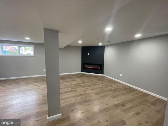 Empty room, Fireplace, Interior, Recessed Lighting, Wood Texture Flooring