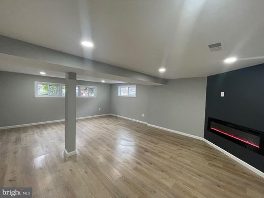 Empty room, Fireplace, Interior, Recessed Lighting, Wood Texture Flooring