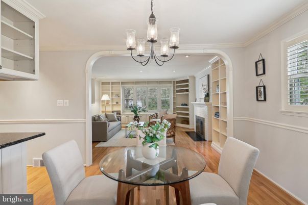 Chandelier, Dining room, Fireplace, Interior, Living room, Recessed Lighting, Wood Texture Flooring