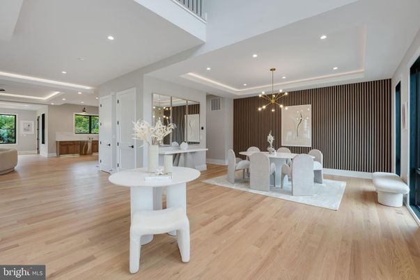 Dining room, Interior, Pendant Lights, Recessed Lighting, Wood Texture Flooring