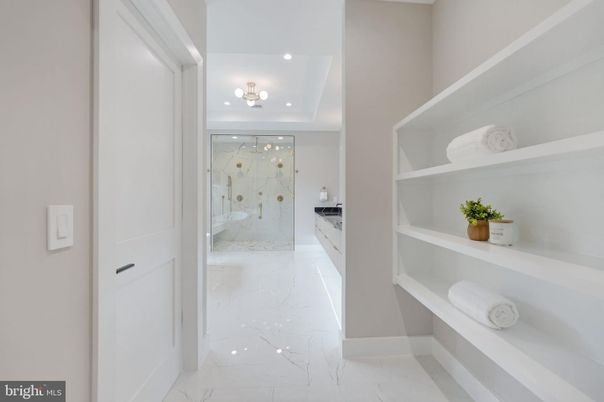Bathroom, Glass Shower, Interior, Marble, Marble Walls, Recessed Lighting