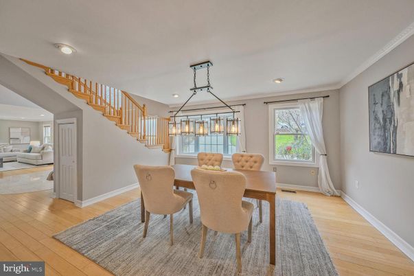 Dining room, Interior, Pendant Lights, Recessed Lighting, Wood Texture Flooring