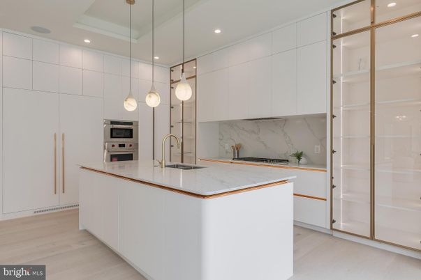 Interior, Kitchen, Marble Walls, Pendant Lights, Recessed Lighting, Stainless Steel Appliances, Wood Texture Flooring