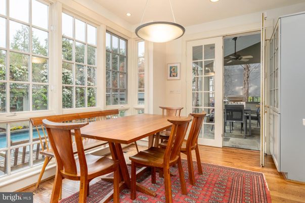 Dining room, Interior, Pendant Lights, Recessed Lighting, Wood Texture Flooring