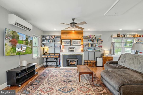 Fireplace, Home Office, Interior, Living room, Recessed Lighting, Wood Texture Flooring