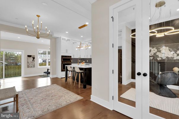 Chandelier, Interior, Kitchen, Pendant Lights, Recessed Lighting, Stainless Steel Appliances, Wood Texture Flooring