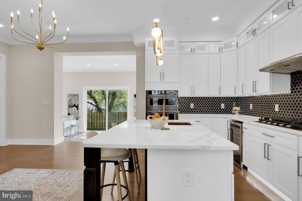 Chandelier, Interior, Kitchen, Pendant Lights, Recessed Lighting, Stainless Steel Appliances, Wood Texture Flooring