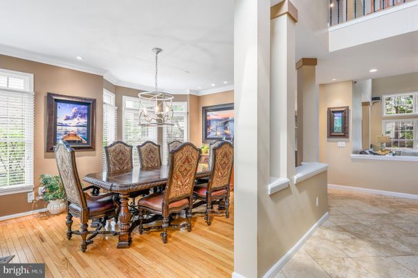 Dining room, Interior, Pendant Lights, Recessed Lighting, Wood Texture Flooring