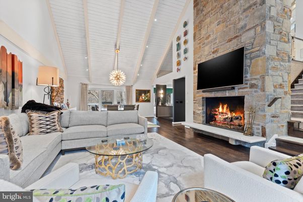 Fireplace, Interior, Living room, Pendant Lights, Stone Walls, Wood Texture Flooring