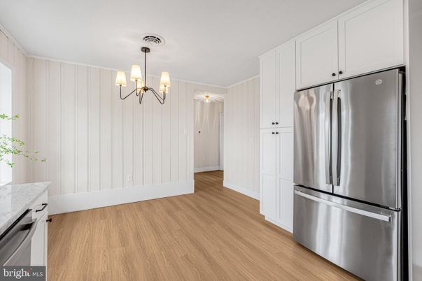 Chandelier, Interior, Kitchen, Stainless Steel Appliances, Wood Texture Flooring