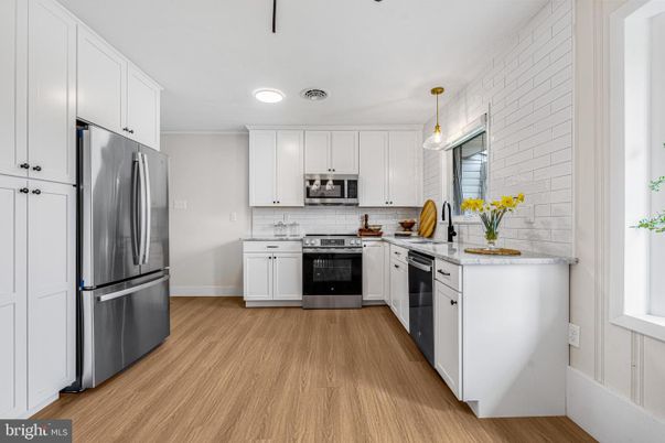 Interior, Kitchen, Pendant Lights, Recessed Lighting, Stainless Steel Appliances, Wood Texture Flooring