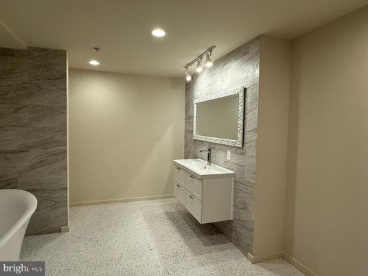Bathroom, Free Standing Baths, Interior, Marble Walls, Recessed Lighting