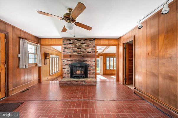 Empty room, Fireplace, Interior, Stone Walls, Wooden Walls