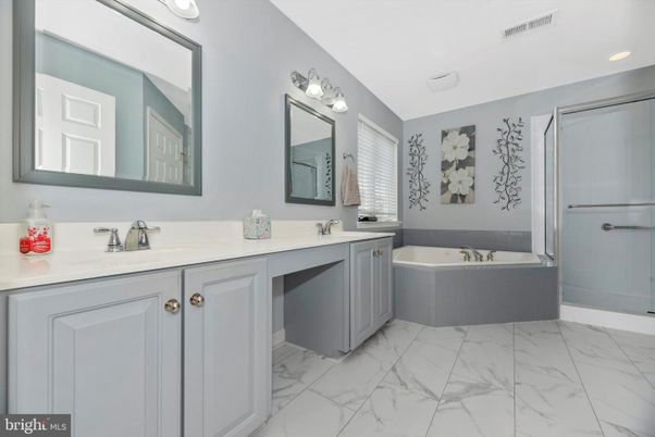 Bathroom, Dual Sink Vanities, Interior, Marble, Recessed Lighting