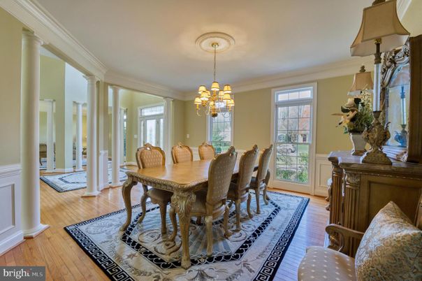 Chandelier, Dining room, Interior, Wood Texture Flooring