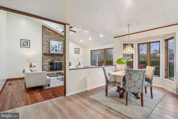 Dining room, Fireplace, Interior, Living room, Pendant Lights, Recessed Lighting, Stone Walls, Wood Texture Flooring