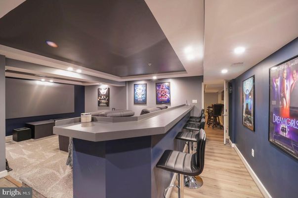 Interior, Projection Screen, Recessed Lighting, Theatre Room, Wood Texture Flooring