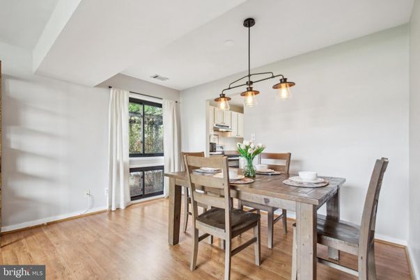Dining room, Interior, Kitchen, Pendant Lights, Stainless Steel Appliances, Wood Texture Flooring