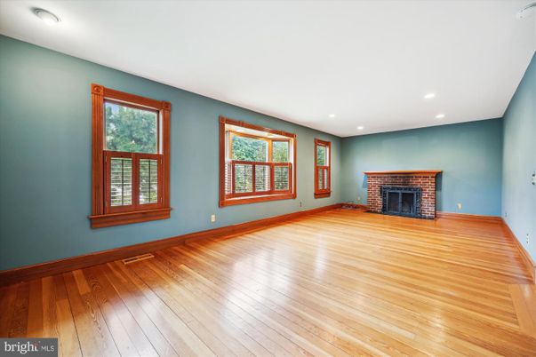 Empty room, Fireplace, Interior, Recessed Lighting, Wood Texture Flooring