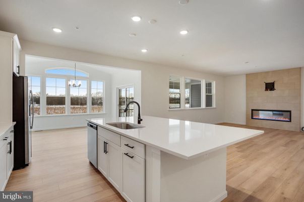 Fireplace, Interior, Kitchen, Pendant Lights, Recessed Lighting, Wood Texture Flooring