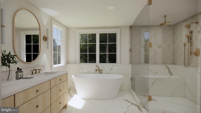 Bathroom, Dual Sink Vanities, Free Standing Baths, Glass Shower, Interior, Marble, Marble Walls, Recessed Lighting